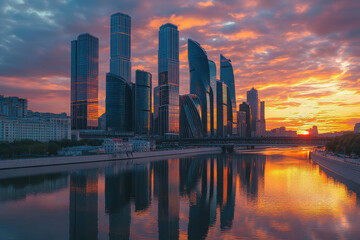 Canvas Print - A vibrant city skyline at sunset, reflected in the water, showcasing modern architecture.