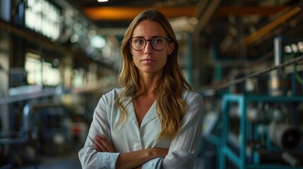 Poster - Portrait of female manager standing in modern industrial factory. telephoto lens summer daylight cool color