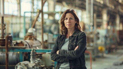 Poster - Portrait of female manager standing in modern industrial factory. telephoto lens summer daylight cool color