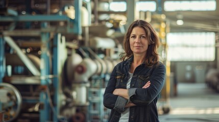 Poster - Portrait of female manager standing in modern industrial factory. telephoto lens summer daylight cool color
