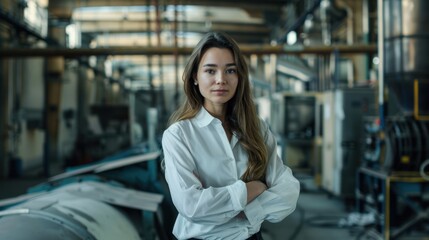 Poster - Portrait of female manager standing in modern industrial factory. telephoto lens summer daylight cool color