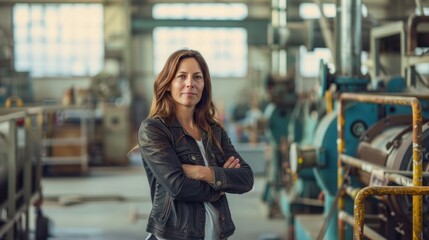 Poster - Portrait of female manager standing in modern industrial factory. telephoto lens summer daylight cool color