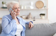 © Prostock-studio - Modern Communication. Smiling elderly woman talking on cellphone at home, resting on couch in living room, copy space
