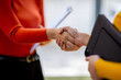 © David - Businesswoman handshake and business people. Successful business handshake concept.