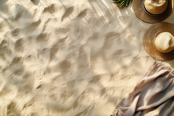 Wall Mural - A serene beach scene featuring sand, straw hats, and a cozy blanket.