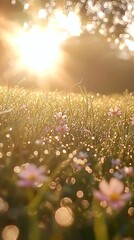 Poster - A serene and picturesque meadow in the early morning blanketed with lush grass and vibrant wildflowers that sparkle with dew as the warm golden sunlight bathes the entire scene in a soft