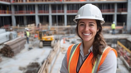Poster - Smiling female engineer with a helmet, standing on a construction site