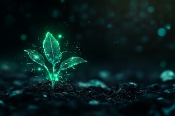 Aufkleber - A glowing green digital sprout emerges from the ground, symbolizing growth and innovation in a dark, abstract background.