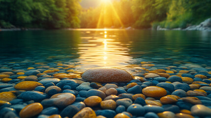 serene yet chaotic scene of a blurred rocky riverbank with scattered rocks and flowing water, capturing nature’s raw beauty, stillness, and the concept of calm amidst disorder