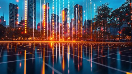 Poster - Sunset city skyline illuminated with vibrant digital lights and reflections on the ground