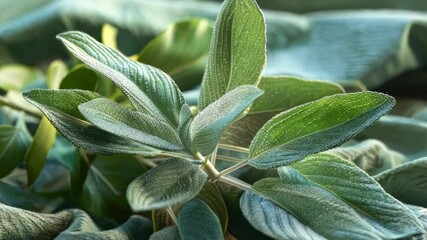 Wall Mural - Lush green leaves resting on textured fabric background