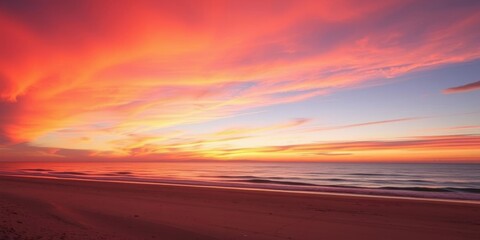 Wall Mural - vibrant orange and pink hues of the setting sun painting the sky above a tranquil beach, horizon, pi