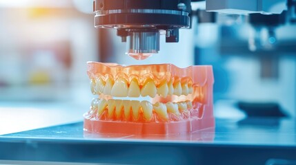 Poster - A 3D printer prints a perfect model of human teeth, demonstrating modern dental technology and innovation in a bright, high-tech laboratory.