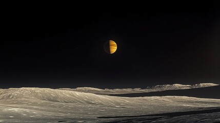 Poster - A breathtaking image of a distant moon surface, bathed in soft twilight, as Jupiter and its moons rise magnificently in the background.
