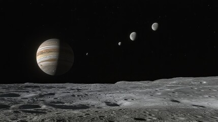 Poster - A breathtaking image of a distant moon surface, bathed in soft twilight, as Jupiter and its moons rise magnificently in the background.
