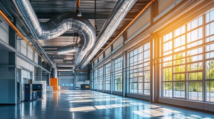Aufkleber - A clean, spacious industrial area with large windows and metallic ducts overhead, showcasing the harmony between design and functionality