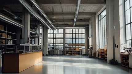 Aufkleber - A clean, spacious industrial area with large windows and metallic ducts overhead, showcasing the harmony between design and functionality