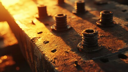 Poster - A close-up view of rusting metal bolts on an old, weathered surface, highlighted by the warm glow of golden afternoon sunlight