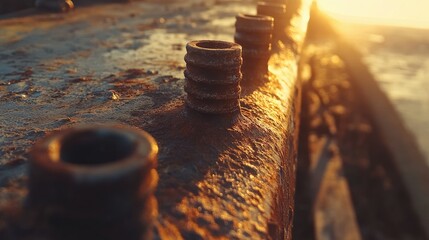 Poster - A close-up view of rusting metal bolts on an old, weathered surface, highlighted by the warm glow of golden afternoon sunlight