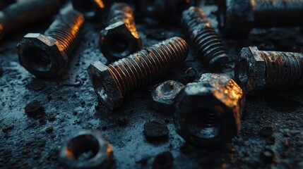 Poster - A collection of rusting bolts with dramatic lighting, emphasizing the decay and texture on an old metal surface at sunset