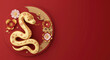 © Tati - Golden snake and flowers on red background, art symbolizing fortune