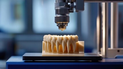 Poster - A high-tech 3D printer creates an intricate dental model of human teeth, showcasing advanced technology and precision in a modern lab setting.