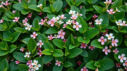 Wall Mural - Close-up of vibrant green foliage with delicate pink and white flowers, lush, white