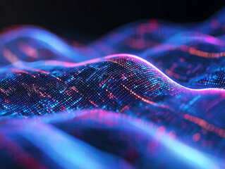 Leinwandbilder - A vibrant, abstract representation of flowing waves, illuminated with blue and pink light, symbolizing data and digital landscapes.