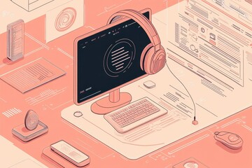 Fototapete - A modern digital workspace featuring a computer, headphones, and various tech devices in a minimalist design.