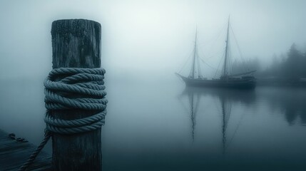 Aufkleber - A sturdy mooring post wrapped in ropes rises from the misty harbor, with a ship gently resting nearby in the stillness of the early morning fog