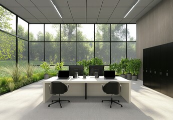 Poster - Modern office interior with large windows overlooking a green garden.