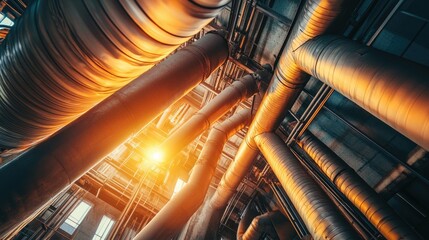 Poster - Beneath the intricate network of metallic ducts, a spacious industrial space comes alive with the warm glow of the setting sun