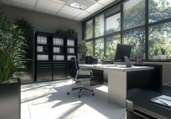 Poster - Modern office interior with a large desk, black leather chair, and a large window with natural light streaming in.