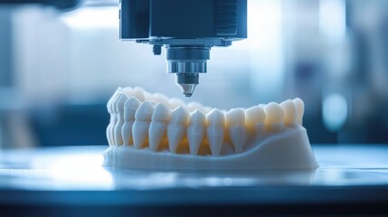 Poster - Close-up of a 3D printer at work, crafting a detailed dental model with extraordinary precision in a sleek, cutting-edge laboratory environment.