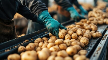 Poster - Close-up of workers sorting through freshly harvested potatoes on a conveyor belt in a busy agricultural production line