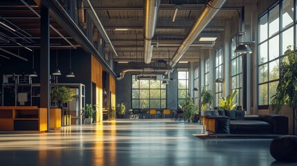 Poster - Industrial warehouse beneath metallic ducts with abundant natural light pouring through large windows, highlighting sleek, modern design