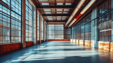 Poster - Industrial warehouse beneath metallic ducts with abundant natural light pouring through large windows, highlighting sleek, modern design
