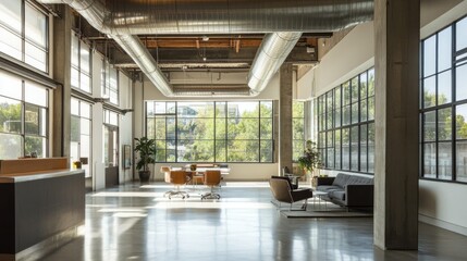 Poster - Industrial warehouse beneath metallic ducts with abundant natural light pouring through large windows, highlighting sleek, modern design
