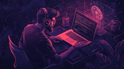 Aufkleber - A tech-savvy individual wearing headphones, focused on coding at a laptop, surrounded by digital graphics in a vibrant, futuristic environment.
