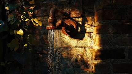Poster - Water flows gently from a rusted faucet mounted on a brick wall, bathed in the warm glow of fading afternoon light, creating a peaceful and serene atmosphere