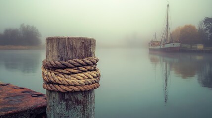 Aufkleber - Wrapped in weathered ropes, a mooring post stands firm in the quiet harbor, with mist hovering over the water and a tranquil ship at rest in the morning haze