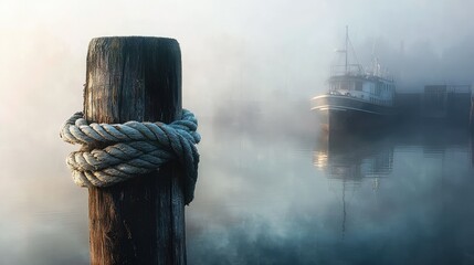 Aufkleber - Wrapped in weathered ropes, a mooring post stands firm in the quiet harbor, with mist hovering over the water and a tranquil ship at rest in the morning haze