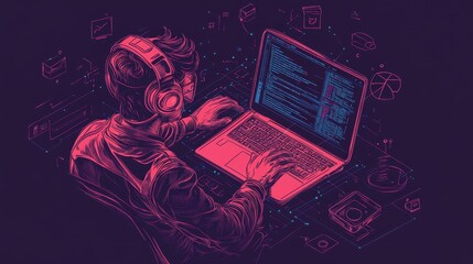 Fototapete - A digital illustration of a person coding on a laptop, surrounded by abstract tech elements, radiating a vibrant neon color scheme.