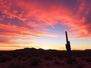 Wall Mural - vibrant hues of orange and pink fill the sky as the sun sets over the desert landscape, desert, hori