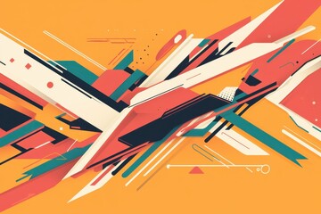 Aufkleber - A vibrant abstract composition featuring dynamic lines and shapes in bold colors against a warm orange background.