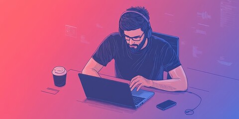 Poster - A man wearing headphones works on a laptop at a desk, with a coffee cup and smartphone nearby, set against a colorful gradient background.