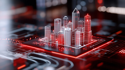 Poster - 3D urban model with glowing skyscrapers and digital elements