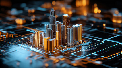 Poster - 3D urban model with glowing skyscrapers and circuit patterns