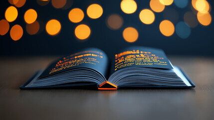 Poster - close up of open book with glowing text and bokeh lights
