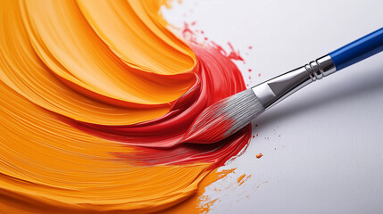 Fototapete - Vibrant orange and red paint strokes with brush creating texture